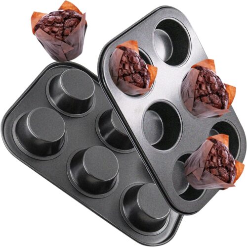 2 Packs Round Muffin Baking Pan, Premium Steel Muffin Pan for Baking, Cupcake Tin Cheesecake Pans, Bakeware Muffin Top Pan (6 Cups,Black)